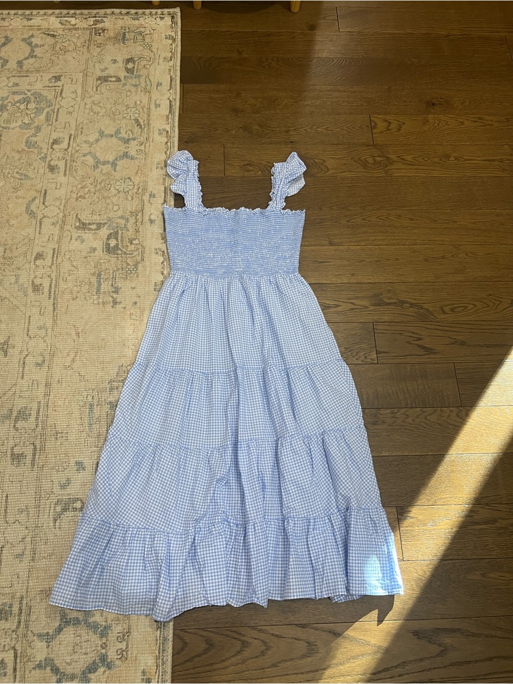 Eileen West Light Blue Gingham Smocked Midi Dress